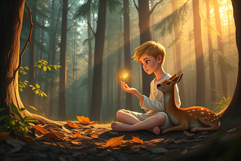 A luminous digital painting of a serene forest scene featuring a barefoot young male, about 7 years old, with Yellow hair and fair skin, dressed in a simple white outfit. He sits cross-legged on the forest floor, gazing at a small, glowing, magical firefly in his hand. Beside him, a delicate spotted deer lies calmly on a bed of dried leaves, observing the scene. The dense forest is bathed in warm, golden light filtering through the trees, creating a peaceful, magical atmosphere with a blend of natural and mystical elements.