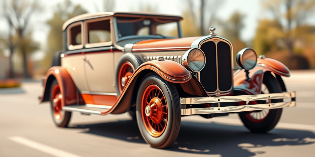 Regenerate a vintage 1920s car illustration, using a DSLR camera with a 50mm lens, aperture set to f/2.8, ISO 100, shot in bright daylight, with a slight tilt-shift effect to enhance quality and focus on the car.