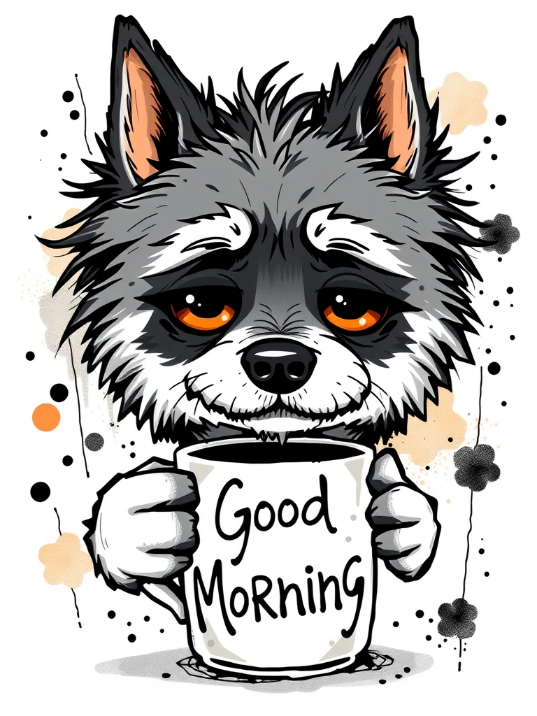 A quirky, artistic illustration of a disheveled shikoku dog breed with exaggerated, large eyes and spiky fur, holding a coffee mug that reads "Good Morning". The dog has a tired but humorous expression, with ink splatters and abstract details surrounding it, giving a whimsical feel to the image. The color palette is mostly monochrome with hints of orange in the eyes and steam rising from the mug, enhancing the overall sleepy vibe