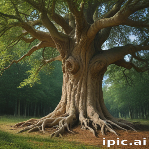 Majestic Ancient Tree with Intricate Roots Surrounded by Lush Green Forest