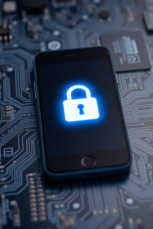Create a high-resolution image of a smartphone displaying a glowing blue padlock icon on a circuit board background, using a DSLR camera with a 50mm lens, aperture set to f/1.8, ISO 100, and a shallow depth of field to enhance image quality.