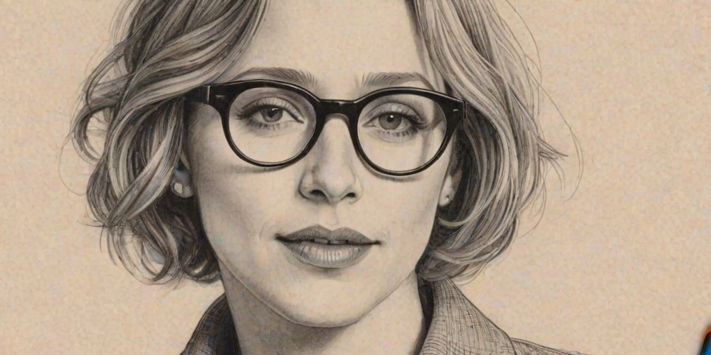 Captivating Vera Farmiga, pencil sketch, portrait of Radiant woman 1928s in glasses, hair style beatnik, outline, clear lines, fine lines, 8k