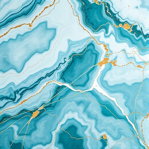 Generate a high-resolution image of a marbled surface with intricate teal and white patterns, accentuated with gold veins, shot with a DSLR camera at ISO 100, f/8 aperture, 50mm lens, and a top-down view for maximum detail.