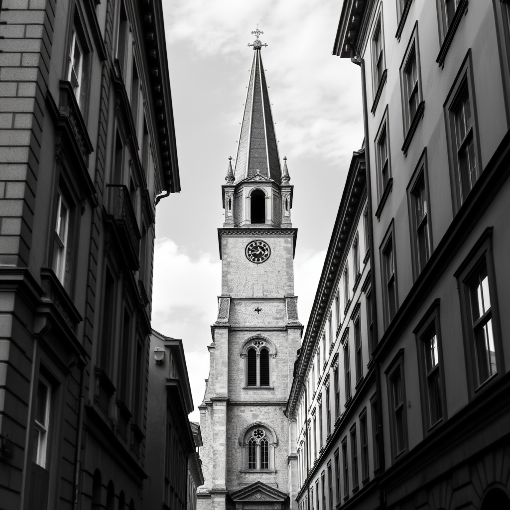 High-resolution black and white photograph of a church tower framed by historic buildings, captured with a Canon EOS 5D Mark IV, using a 24mm f/2.8 lens, aperture set to f/8, ISO 100, and shutter speed at 1/125 sec, with a straight-on view for enhanced depth and contrast.