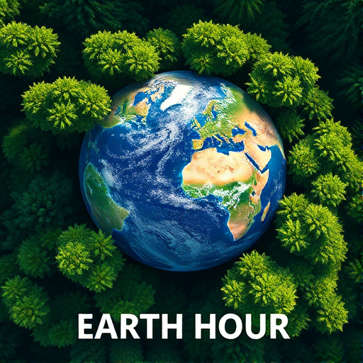 Create a detailed illustration of the Earth surrounded by lush green trees on top, with the words "EARTH HOUR" at the bottom, using a Canon EOS 5D Mark IV, 50mm lens, f/8 aperture, ISO 200, natural light, top-down view, high contrast, and vibrant colors.