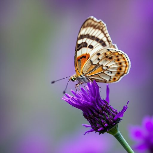 Create a close-up image of a butterfly perched on a vibrant purple flower. The background should have a soft, blurred effect to emphasize the butterfly and the flower. The butterfly should display intricate patterns and colors, while the flower should have a rich texture and deep purple hues.