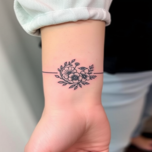 Elegant fine line tattoo wrapping around the wrist, depicting a delicate floral wreath with intricate botanical details, using thin black lines to create a subtle and feminine design