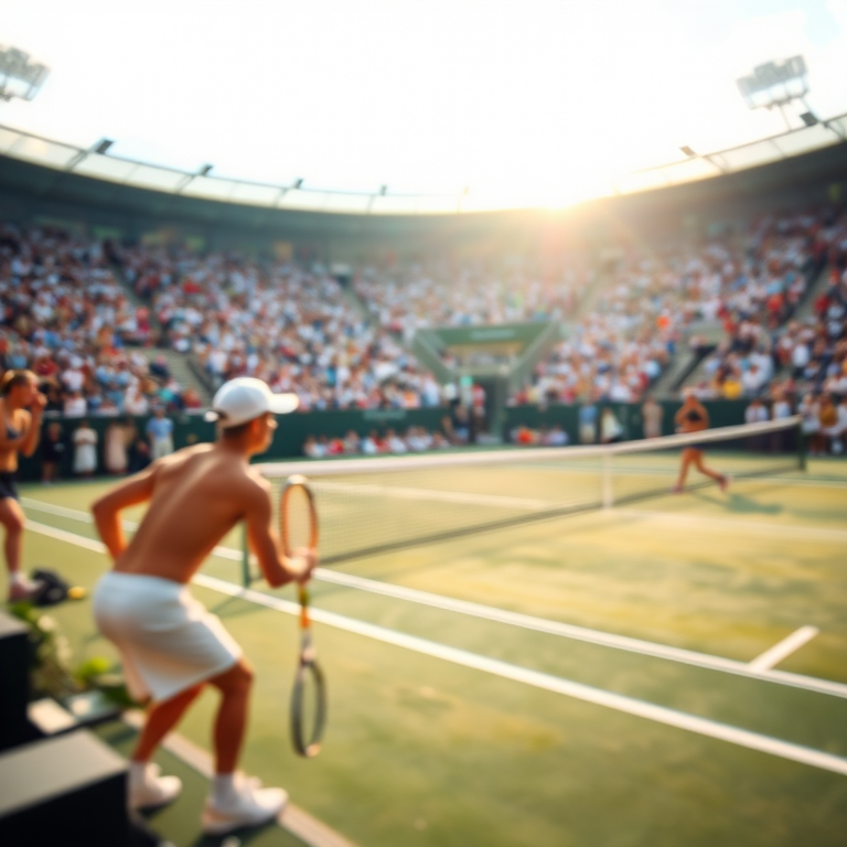 Blurry action shot of a tennis match in full swing, players poised at the net, soft sunlight illuminating the court and the energy of the crowd echoing in the background.