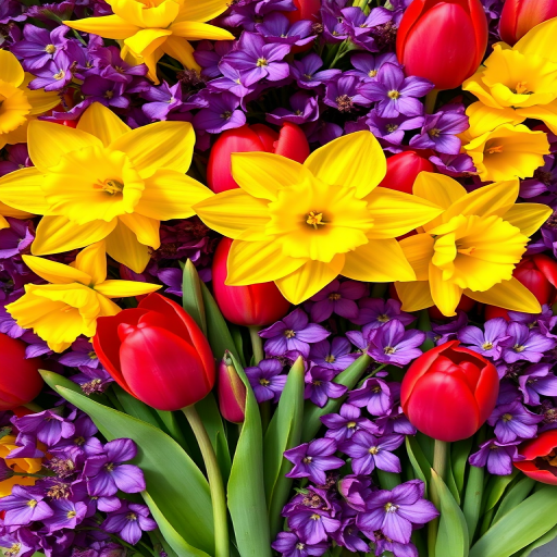 Create a vibrant floral pattern with yellow daffodils, red tulips, and purple flowers, captured using a DSLR camera with a 50mm lens, f/1.8 aperture, ISO 100, in natural light, with a close-up view to emphasize colors and details.