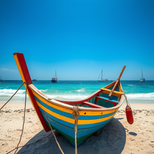 Capture a vivid, high-resolution image of a colorful fishing boat on the beach facing the ocean with boats in the background under a bright blue sky, using a Canon EOS R5, 24mm lens, aperture f/8, shutter speed 1/250s, ISO 200, wide-angle perspective, natural lighting.