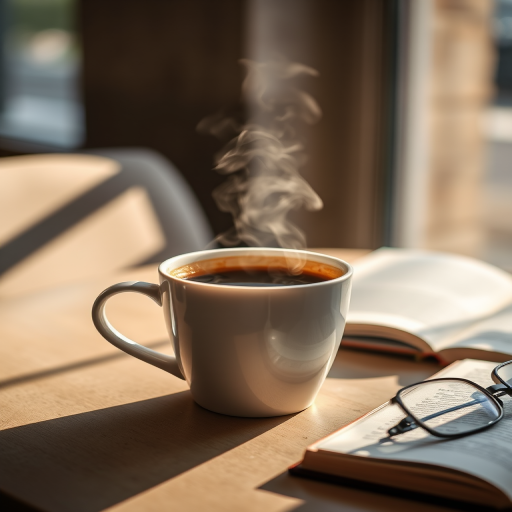 Sharp, detailed image of a freshly brewed cup of coffee on a cafetable, steam rising from the surface, sunlight streaming through the window, soft shadows cast on the table, a book and pair of reading glasses resting nearby, the smell of fresh coffee lingering in the air.