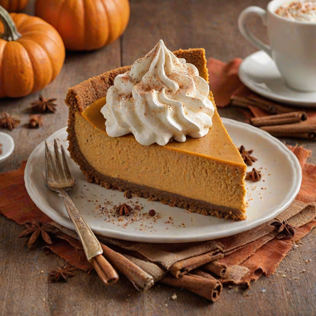 Create an image of a delicious slice of pumpkin cheesecake topped with whipped cream and a sprinkle of cinnamon. The cheesecake should have a rich, creamy texture and a crumbly crust. Include a warm, autumn-inspired backdrop with pumpkins and spices to enhance the cozy fall feeling.