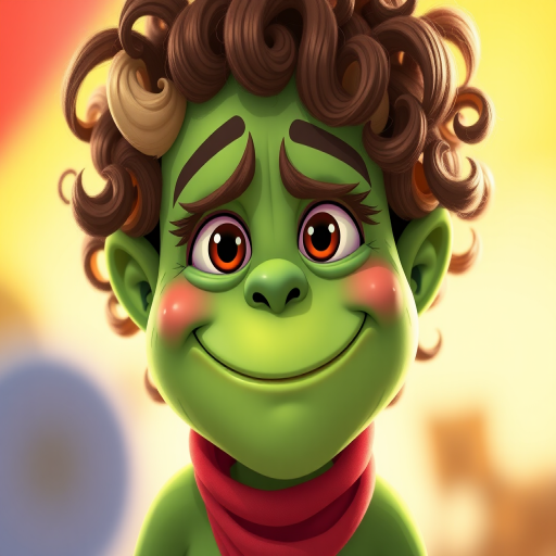 create an illustration of a cartoonish green-skinned monster with curly brown hair and a friendly smile, set against a bright background, using a Canon EOS R5 with a 50mm f/1.2 lens for a shallow depth of field, shot in vivid colors with a soft light style for an enhanced playful vibe and clarity