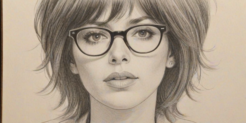 Fascinating Diane Warren, pencil sketch, portrait of Fetching woman 1969s in glasses, hair style beatnik, outline, clear lines, fine lines, 8k