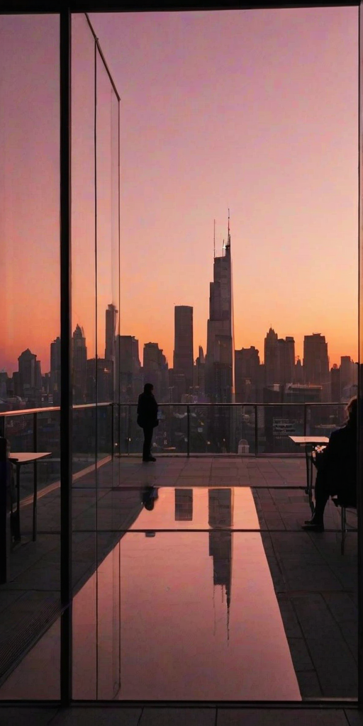 Sharp, high-contrast photo of a city skyline at dawn, buildings silhouetted against a pink and orange sky, soft light reflecting off glass windows, distant cars and pedestrians starting their day, a sense of quiet anticipation captured.