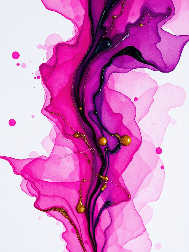 create an abstract alcohol ink artwork in shades of purple and pink with gold accents, using a Canon EOS R5, 50mm lens, aperture f/2.8, ISO 100, focus on smooth fluid textures and vibrant colors, soft natural light