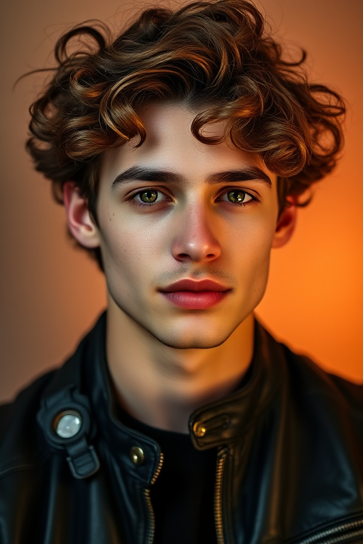 Portrait of a young man with curly hair wearing a black leather jacket, soft diffuse lighting, 85mm lens, aperture f/1.8, ISO 100, shallow depth of field, studio background with warm tones, Nikon D850.
