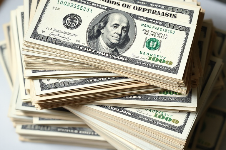 high-resolution image of stacked hundred-dollar bills arranged neatly, focus on texture and details, lighting from the left for soft shadows, camera settings: ISO 100, f/8, shutter speed 1/125s, camera view: top-down, camera style: macro photography, camera type: DSLR