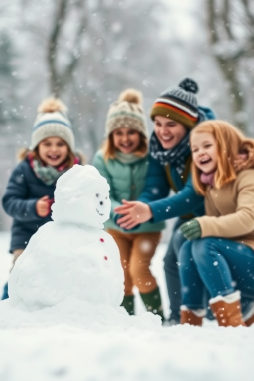 Blurry action shot of a family playing in the snow, soft snowflakes falling around them as they build a snowman, with warm laughter echoing in the winter air.