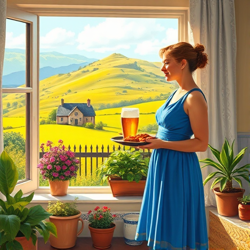 In "A Glass of Beer on the Highland," a serene scene is depicted in a sunlit room where a woman in a vibrant blue dress stands by a large window. She holds a tray with a hearty meal and a frothy glass of beer, embodying a moment of relaxation. Outside, the breathtaking highland landscape features rolling green hills and a charming traditional house, all bathed in warm afternoon light. The interior is adorned with potted plants, creating a harmonious blend of comfort and nature. The painting beautifully captures the tranquility and joy found in simple pleasures amidst stunning scenery