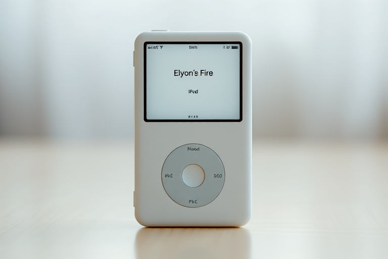 Capture a high-resolution image of a classic white iPod with a minimalist interface displaying the title "Elyon's Fire," set against a soft-focus background, using a DSLR camera with a 50mm lens at f/1.8, ISO 100, and a shutter speed of 1/60s, in portrait orientation with natural soft lighting.