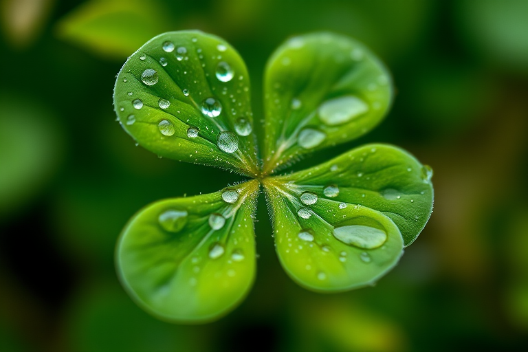 macro shot of a dewy four-leaf clover with droplets on the leaves, soft focus background highlighting green hues, f/2.8 aperture, 1/100 sec shutter speed, ISO 200, natural lighting, DSLR camera, 100mm lens