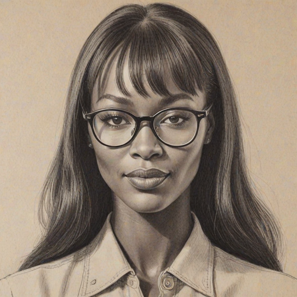 Charming Naomi Campbell, pencil sketch, portrait of Resplendent woman 1949s in glasses, hair style beatnik, outline, clear lines, fine lines, 8k