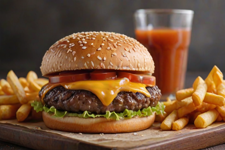 High-resolution, close-up image of a gourmet double cheeseburger. The burger features a glossy, sesame-seed-topped brioche bun. Inside, there are two thick, juicy beef patties, each topped with melted cheddar cheese. The burger is garnished with fresh lettuce, tomato slices, diced onions, and pickles. A generous amount of ketchup and a creamy, orange-colored sauce is dripping down the sides, adding to the mouth-watering appeal. In the background, there are blurred elements including a side of golden French fries and a hint of a beverage, enhancing the overall presentation of a delicious meal.