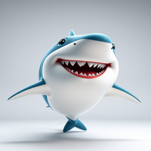 Create a high-resolution cartoon image of a shark, using a Canon EOS R5 camera, aperture f/8, ISO 100, 50mm lens, with a clean, minimalistic background and vibrant colors.