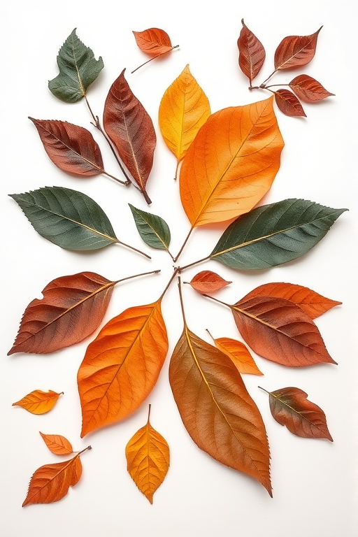 Generate a high-resolution image featuring an artistic arrangement of different leaf silhouettes on a clean white background, using a DSLR camera with a 50mm lens, aperture set to f/2.8, ISO 100, and a top-down view for clarity and detail.
