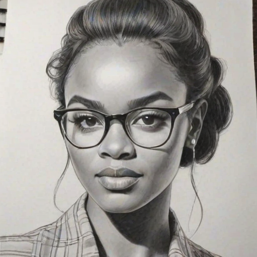 Fetching Sierra McClain, pencil sketch, portrait of Lovely woman 1955s in glasses, hair style beatnik, outline, clear lines, fine lines, 8k