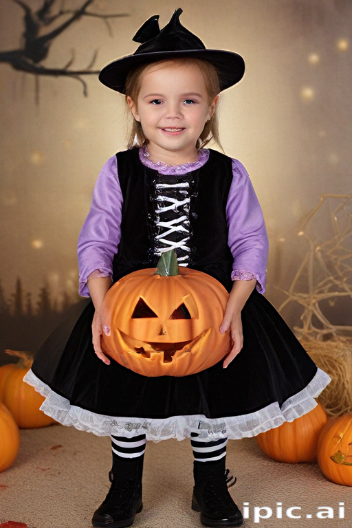 Adorable Young Girl in Witch Costume Holding a Smiling Pumpkin