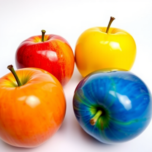 Create a high-resolution image of four glossy, colorful apples (green, red, yellow, and blue) with reflective surfaces on a smooth white background, using a DSLR camera with a 50mm lens, aperture set to f/2.8, shutter speed of 1/125 sec, and ISO 100, shot from a low angle for a dynamic perspective.