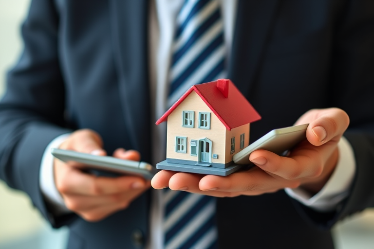 A businessman in a suit holding a small pastel-colored toy house in one hand while using a calculator with the other, focus on the toy house, shallow depth of field, ISO 100, aperture f/2.8, shutter speed 1/125s, soft natural lighting, DSLR camera.