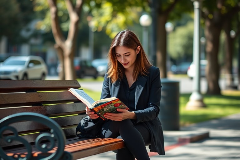 A woman sitting on a bench reading a book, natural lighting, shallow depth of field, 50mm lens, f/2.8 aperture, ISO 200, captured with a DSLR camera, candid street photography style.
