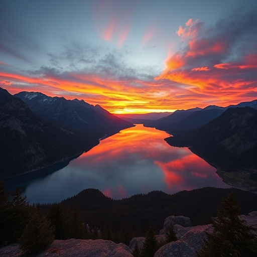 Create a vibrant sunset over a serene lake surrounded by mountains, reflecting colorful clouds, captured with a DSLR camera at f/11, ISO 100, 1/125s, landscape view, using a wide-angle lens.