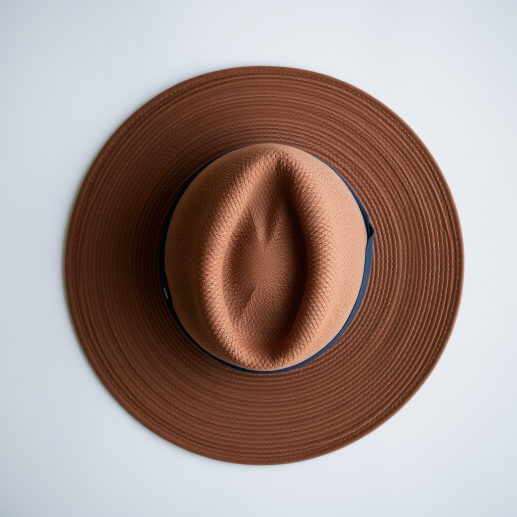Create a high-resolution image of a brown wide-brimmed hat with a dark band, shot with a DSLR camera at f/2.8 aperture, ISO 100, 50mm lens, top-down view, natural light for balanced colors and sharp details.