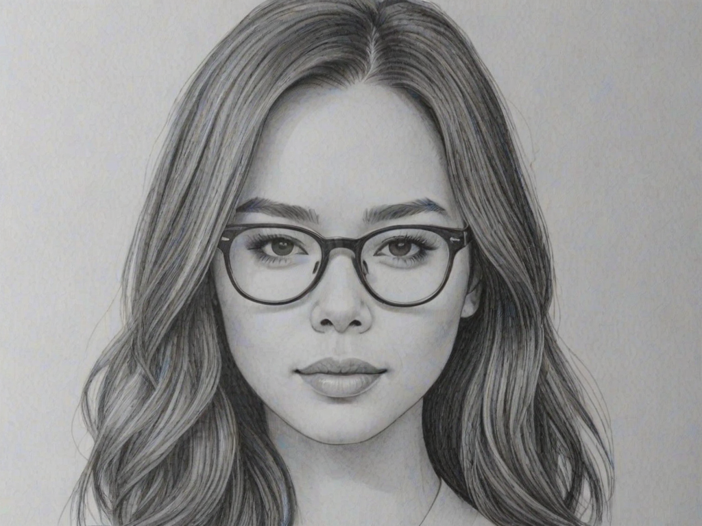 Lovely Malese Jow, pencil sketch, portrait of Comely woman 1978s in glasses, hair style beatnik, outline, clear lines, fine lines, 8k