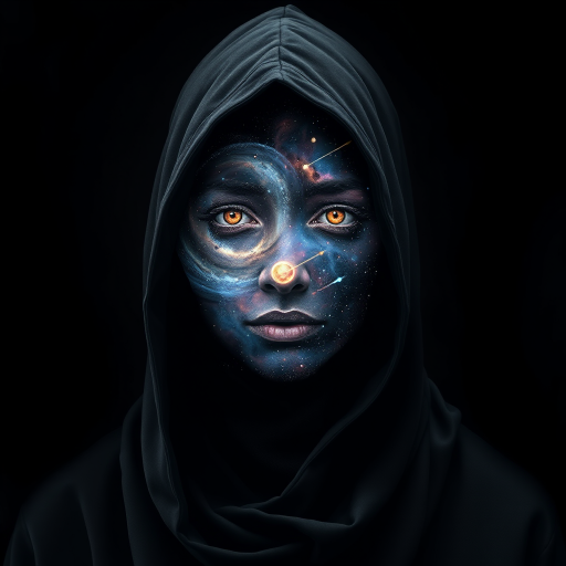 A mysterious hooded figure stands silently, the dark cloak flowing around them like shadows. Beneath the hood, their face is a mesmerizing cosmic scene where swirling galaxies, radiant stars, and vibrant planets form the features. Nebulas drift where eyes should be, glowing softly, while delicate streaks of cosmic energy trace the outlines of a nose and lips. Comets streak across the vastness of their face, and faint constellations pulse with life. The entire visage shifts and evolves as if the universe itself is contained within the figure, giving an ethereal, otherworldly presence to their form.
