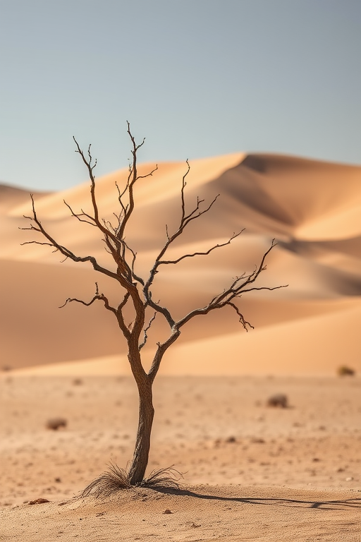Create a high-resolution image of a desolate desert landscape featuring a dry tree in the foreground, with rolling sand dunes in the background, captured with a DSLR camera at f/11, ISO 100, 1/200s, using a wide-angle lens at a low angle to enhance depth and detail in the scene.