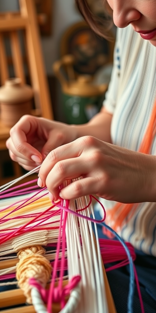 Artistic close-up of a woman's hands weaving fabric, vibrant threads intertwining, showcasing her skill and creativity in a warm, inviting studio.