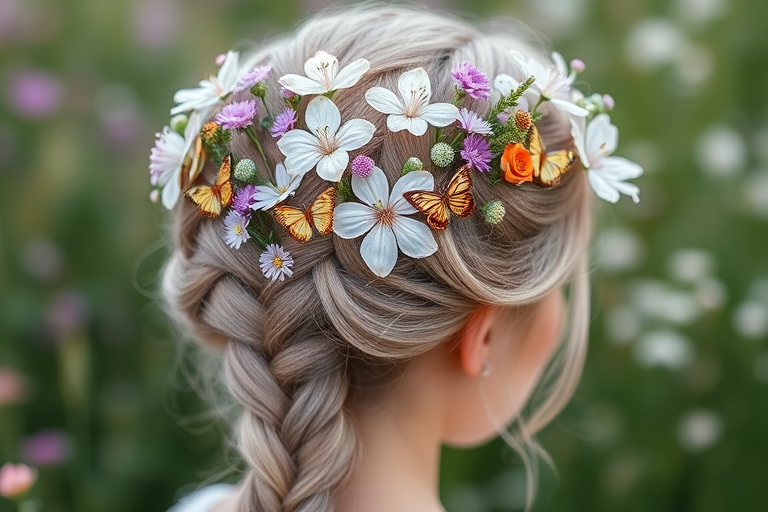 Whimsical lavender-hued crown braid adorned with fresh wildflowers and delicate butterfly clips, known as "Enchanted Meadow" evoking a fairytale-like charm