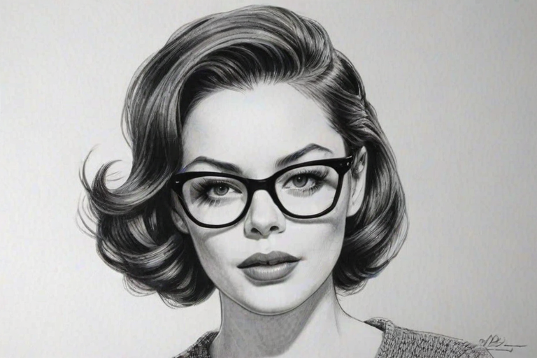 Attractive Rose McGowan, pencil sketch, portrait of Enchanting woman 1950s in glasses, hair style beatnik, outline, clear lines, fine lines, 8k
