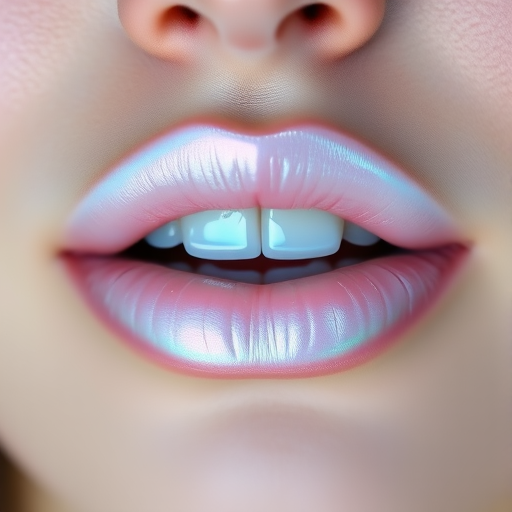 Iridescent pearl lips with a delicate, opalescent sheen, resembling the inside of a seashell for an ethereal, mermaid-inspired look