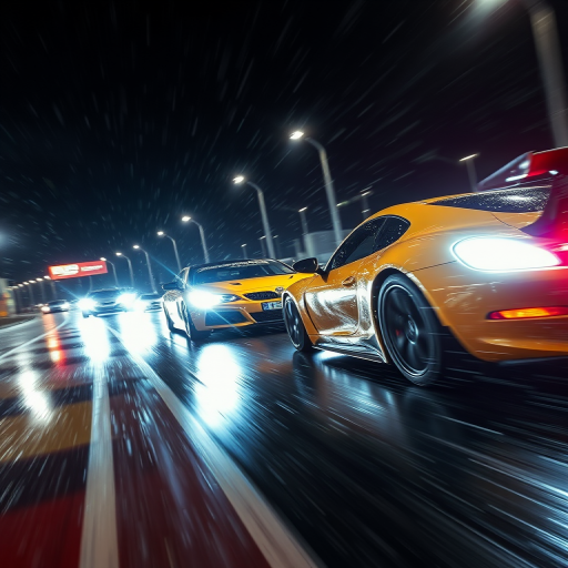 high-speed racing scene at night with rainy reflections, low angle shot, shallow depth of field, 50mm lens, f/2.8 aperture, ISO 400, 1/250 sec exposure, enhance colors and contrast for a dramatic effect.