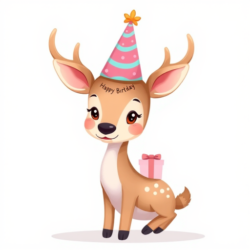 Create a cute illustration of a cartoon deer wearing a festive birthday hat and a small gift on its back, using a soft pastel color palette, high-resolution, with a DSLR camera, 50mm lens, f/2.8 aperture, natural light, and a shallow depth of field for a soft background.
