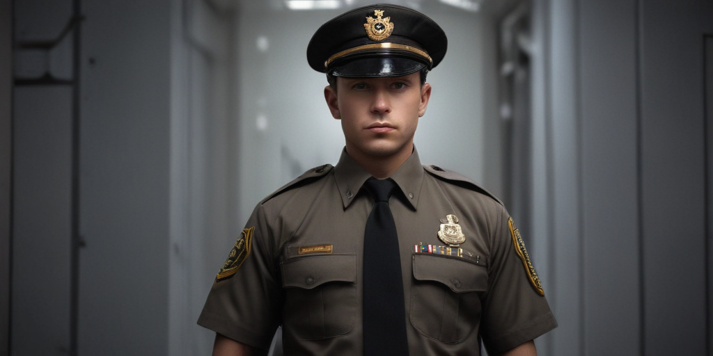 Confident Young Officer Standing Proudly in a Dimly Lit Corridor