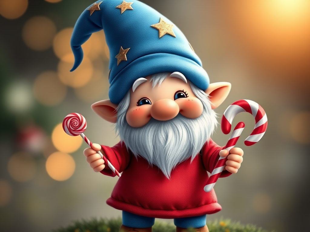 Create a whimsical illustration of a cheerful gnome holding a lollipop and a candy cane, wearing a blue star-patterned hat and a red shirt, with a soft-focus background, captured with a DSLR camera at f/2.8 aperture, 50mm lens, 1/200s shutter speed, and vibrant colors for enhanced image quality.