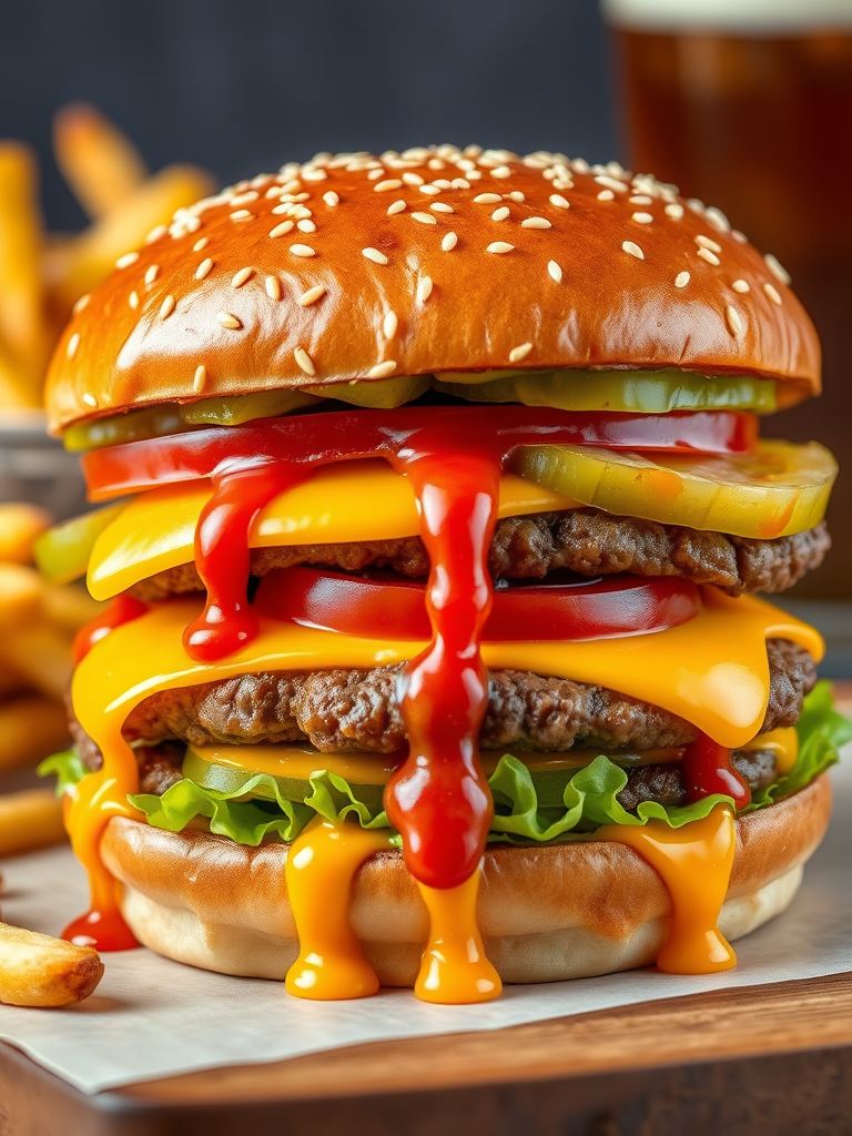 High-resolution, close-up image of a gourmet double cheeseburger. The burger features a glossy, sesame-seed-topped brioche bun. Inside, there are two thick, juicy beef patties, each topped with melted cheddar cheese. The burger is garnished with fresh lettuce, tomato slices, diced onions, and pickles. A generous amount of ketchup and a creamy, orange-colored sauce is dripping down the sides, adding to the mouth-watering appeal. In the background, there are blurred elements including a side of golden French fries and a hint of a beverage, enhancing the overall presentation of a delicious meal.