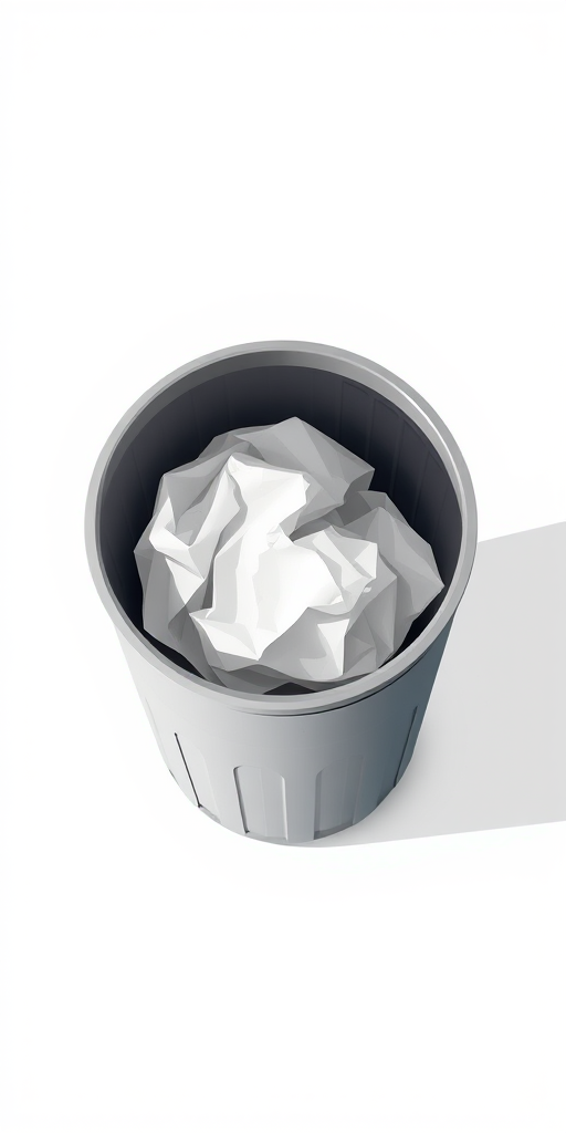 Create a high-resolution digital illustration of a trash can with crumpled paper inside, using a clean and simple design, top-down view, 35mm focal length, aperture f/8, soft natural lighting, and vector graphics style.